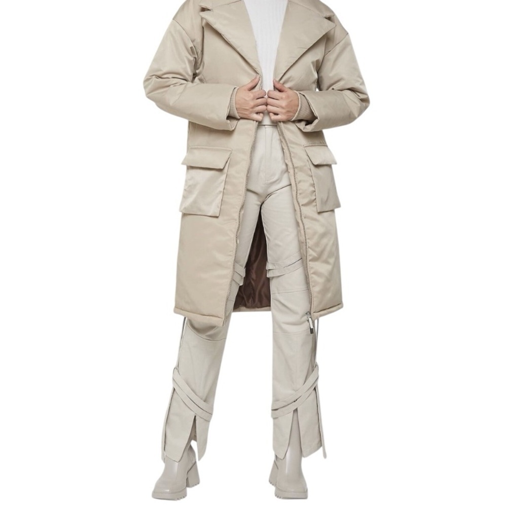 Maniere De Voir Women's Long Jacket Puffer 4 S M 6 8 Taupe Tan Cream Zipper Warm